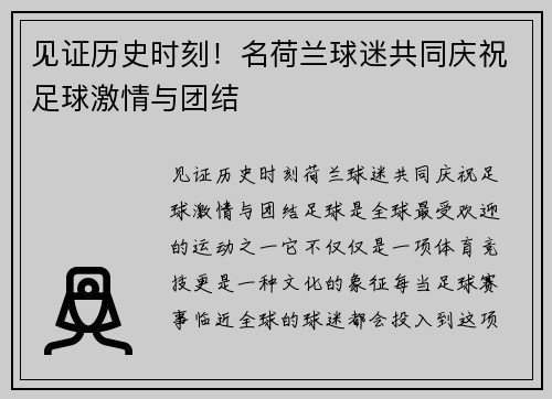 见证历史时刻！名荷兰球迷共同庆祝足球激情与团结